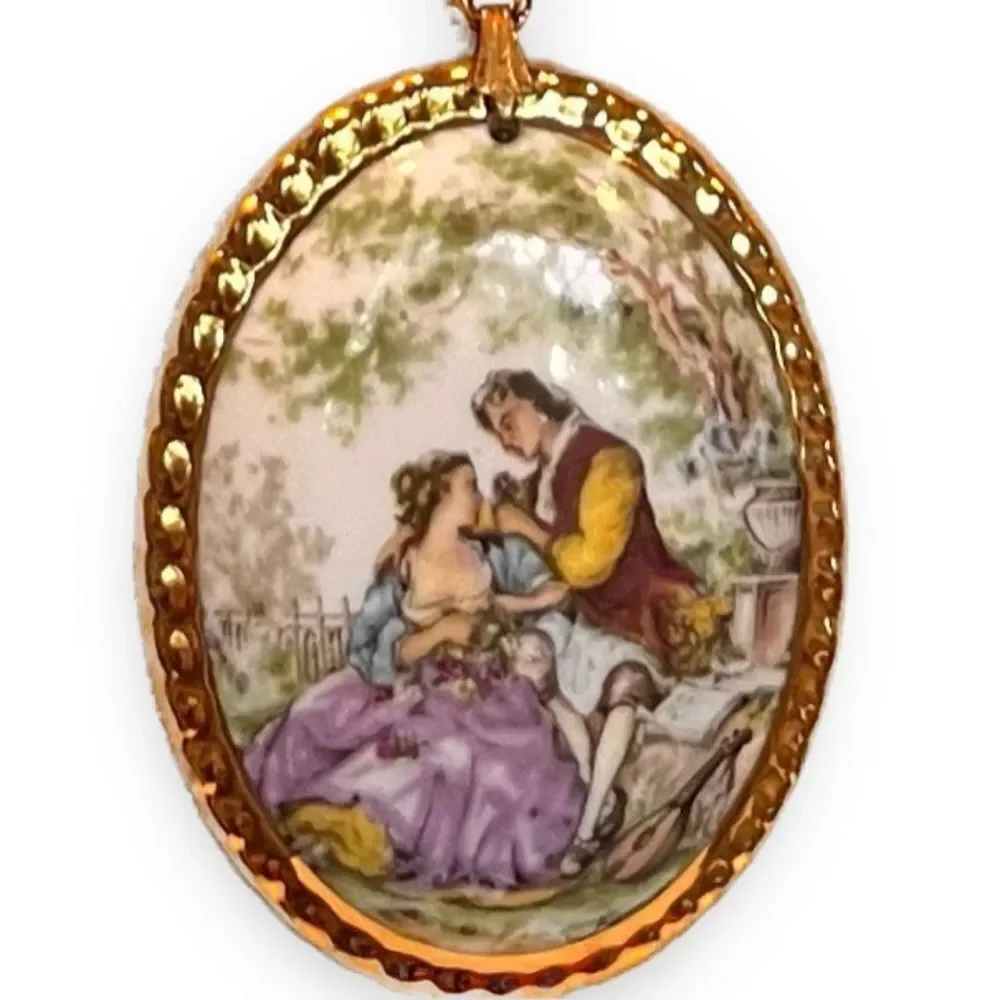 Vintage Fragonard Courting Couple Porcelain Necklace- Hand-Painted Scene
